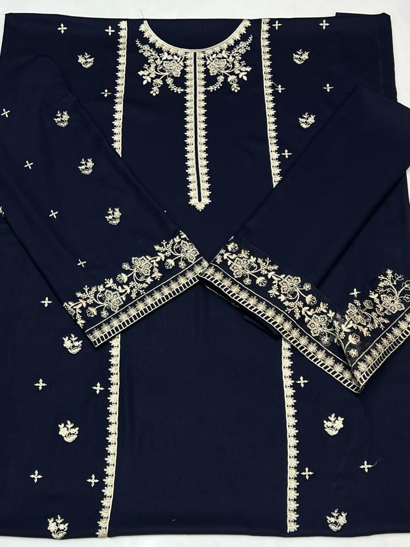Embroidered Navy Dhanak 2-Piece Suit