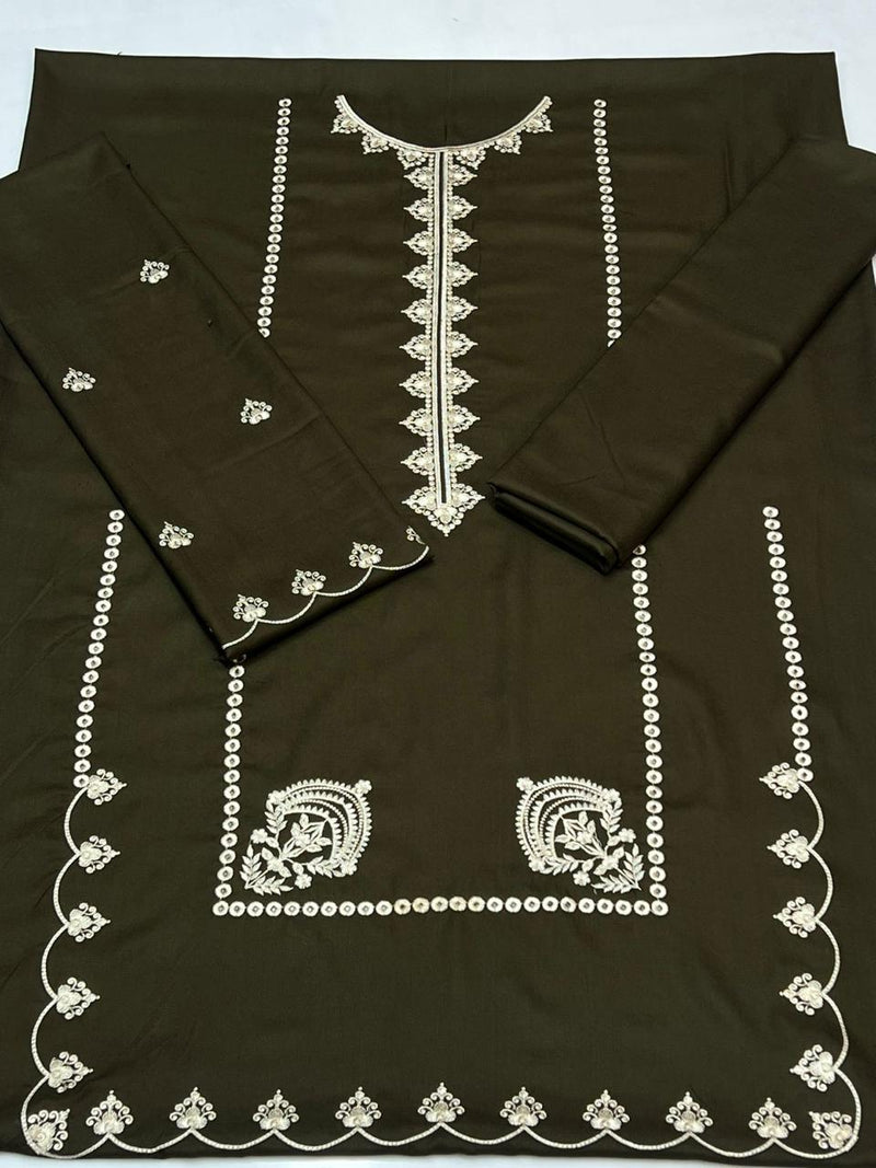 Embroidered Olive Green Dhanak 2-Piece Suit