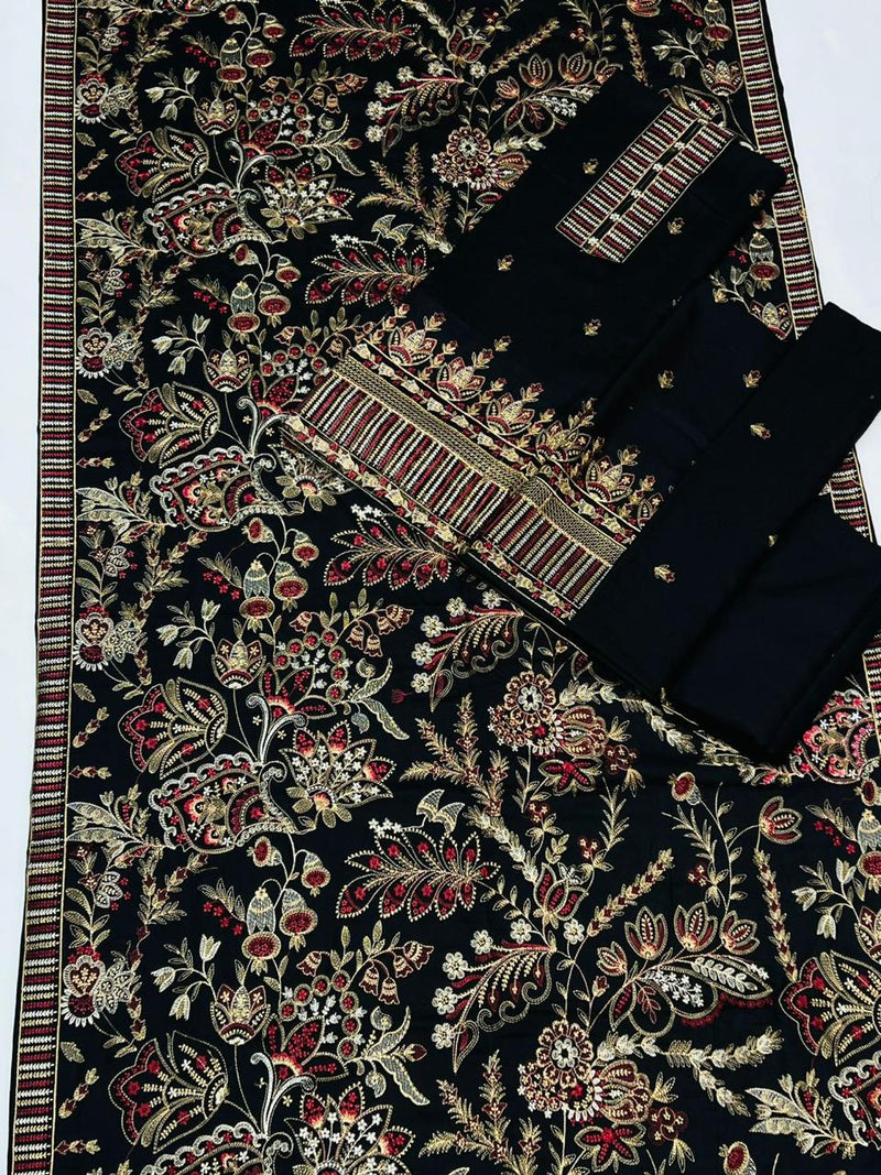 Luxury Embroidered Black Dhanak Winter Suit