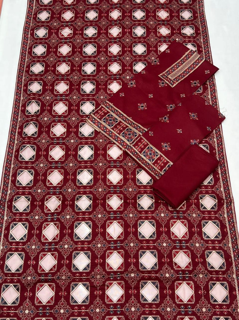 Maroon Dhanak Suit with Fancy Geometric Shawl