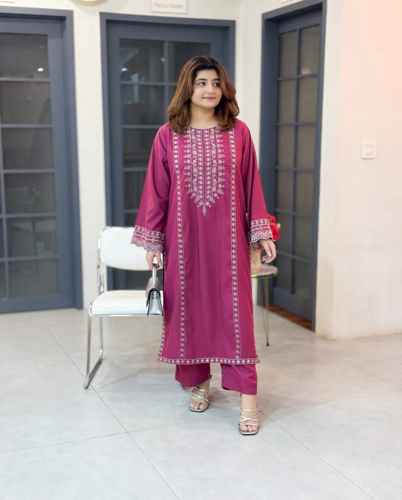 Embroidered Magenta Dhanak 2-Piece Suit
