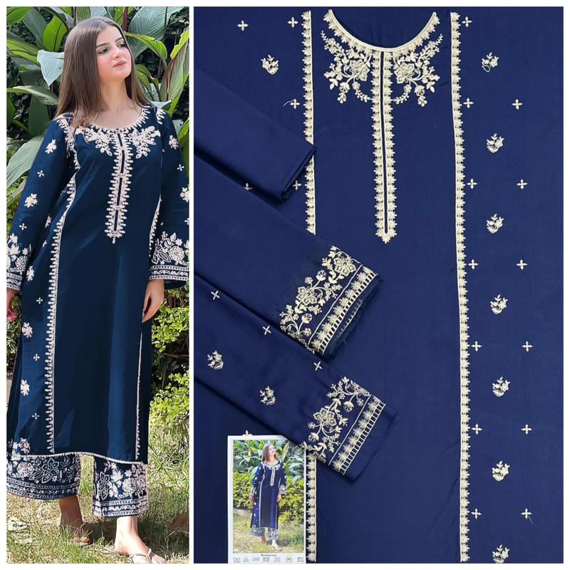 Embroidered Navy Dhanak 2-Piece Suit