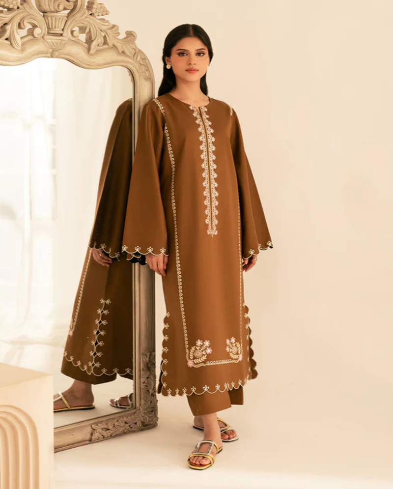 Embroidered Olive Green Dhanak 2-Piece Suit