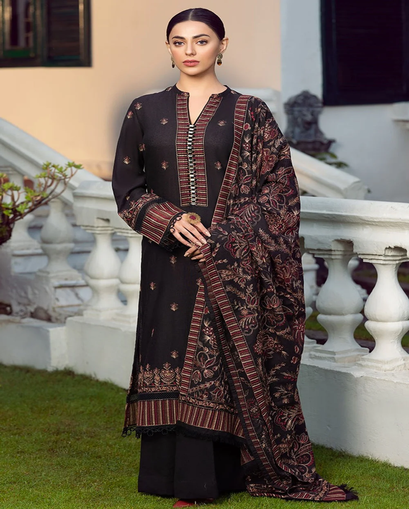Luxury Embroidered Black Dhanak Winter Suit