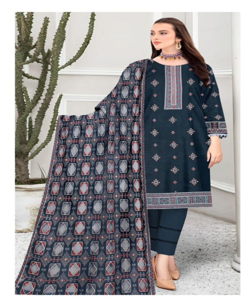 Navy Dhanak Suit with Fancy Geometric Shawl