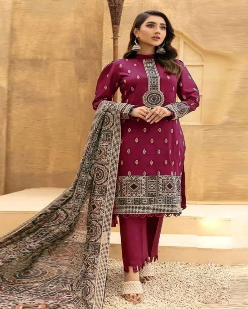 Luxury Embroidered Maroon Dhanak Winter Suit