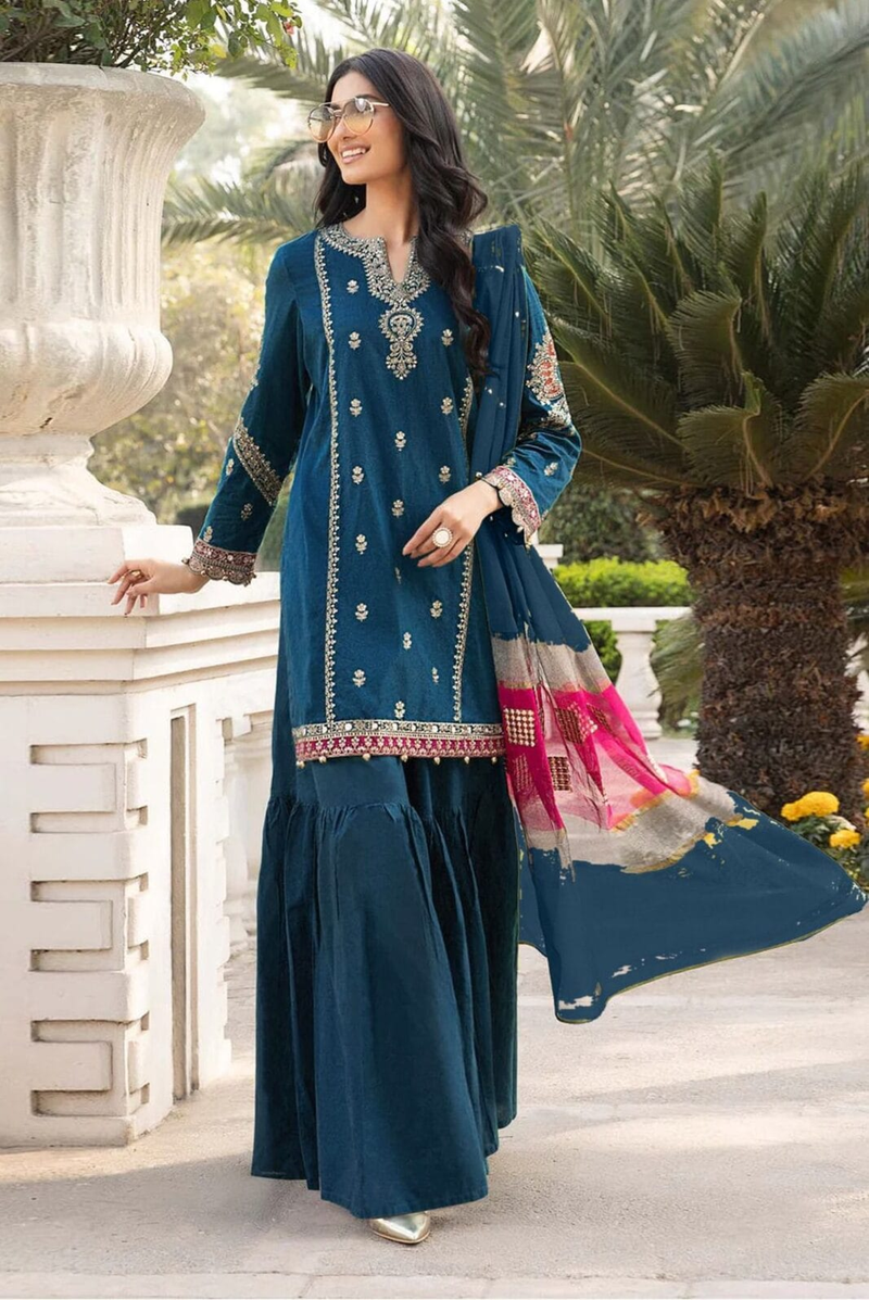 Dhanak Embroidered Navy Blue 3-Piece Suit