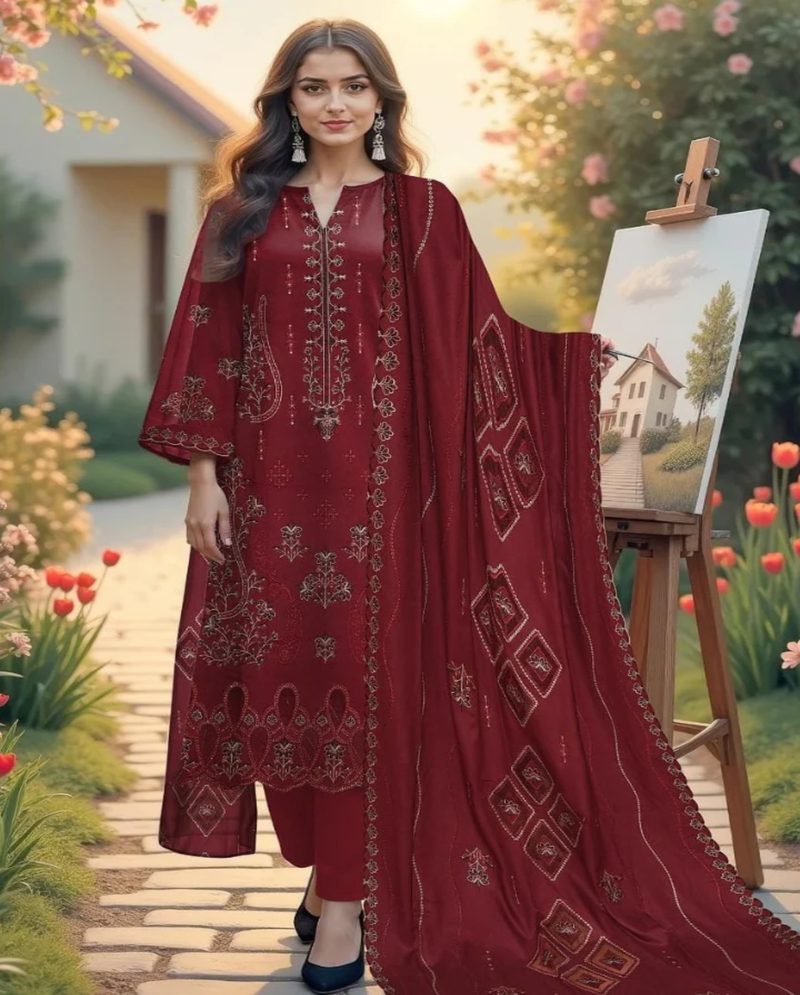 Luxury Embroidered Maroon Dhanak Winter Suit
