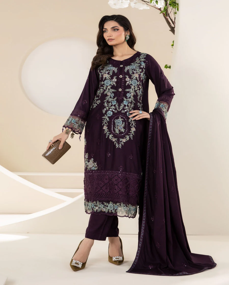 Embroidered Purple Dhanak 3-Piece Winter Suit
