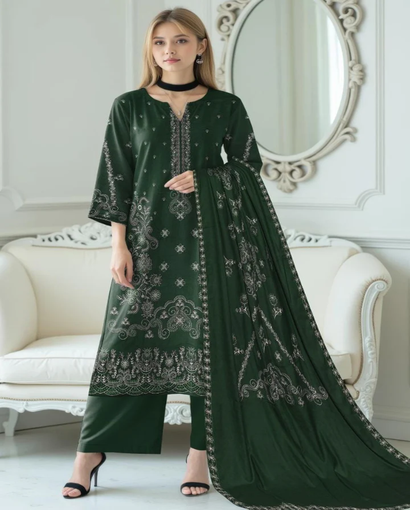 Luxury Embroidered Dark Green Dhanak Winter Suit