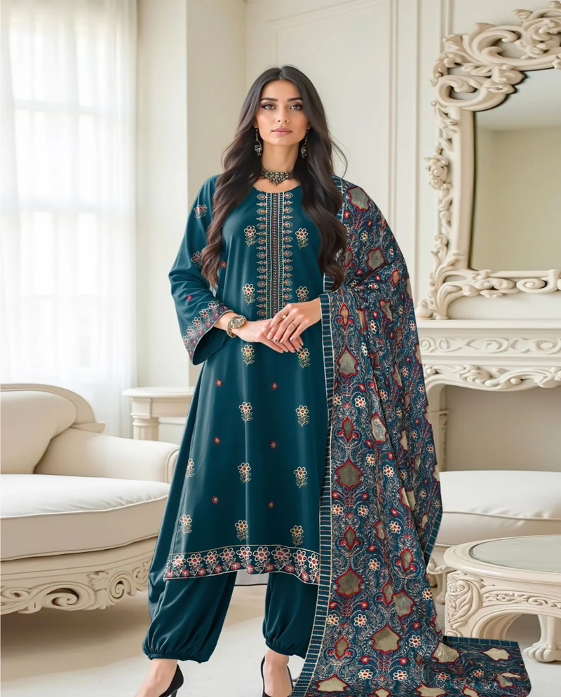Embroidered Zinc Dhanak Suit with Printed Shawl