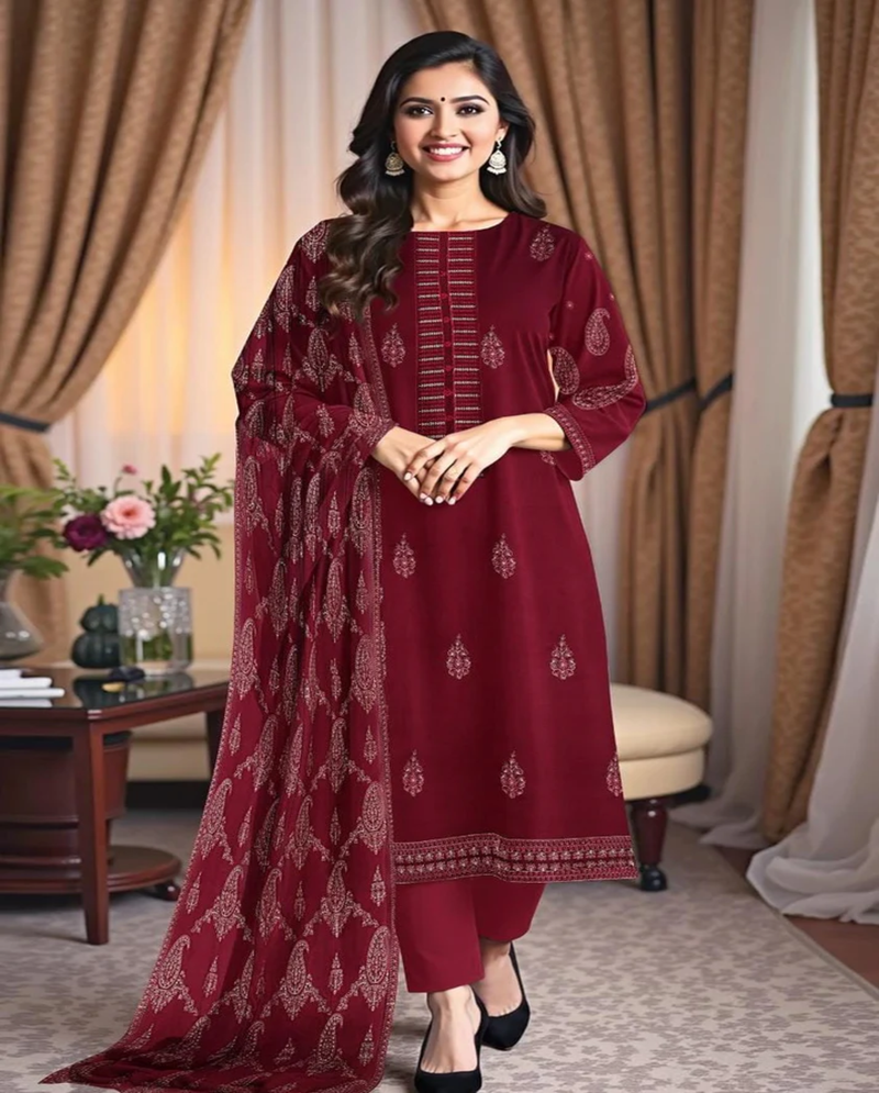 Luxury Embroidered Maroon Dhanak Suit with Shawl