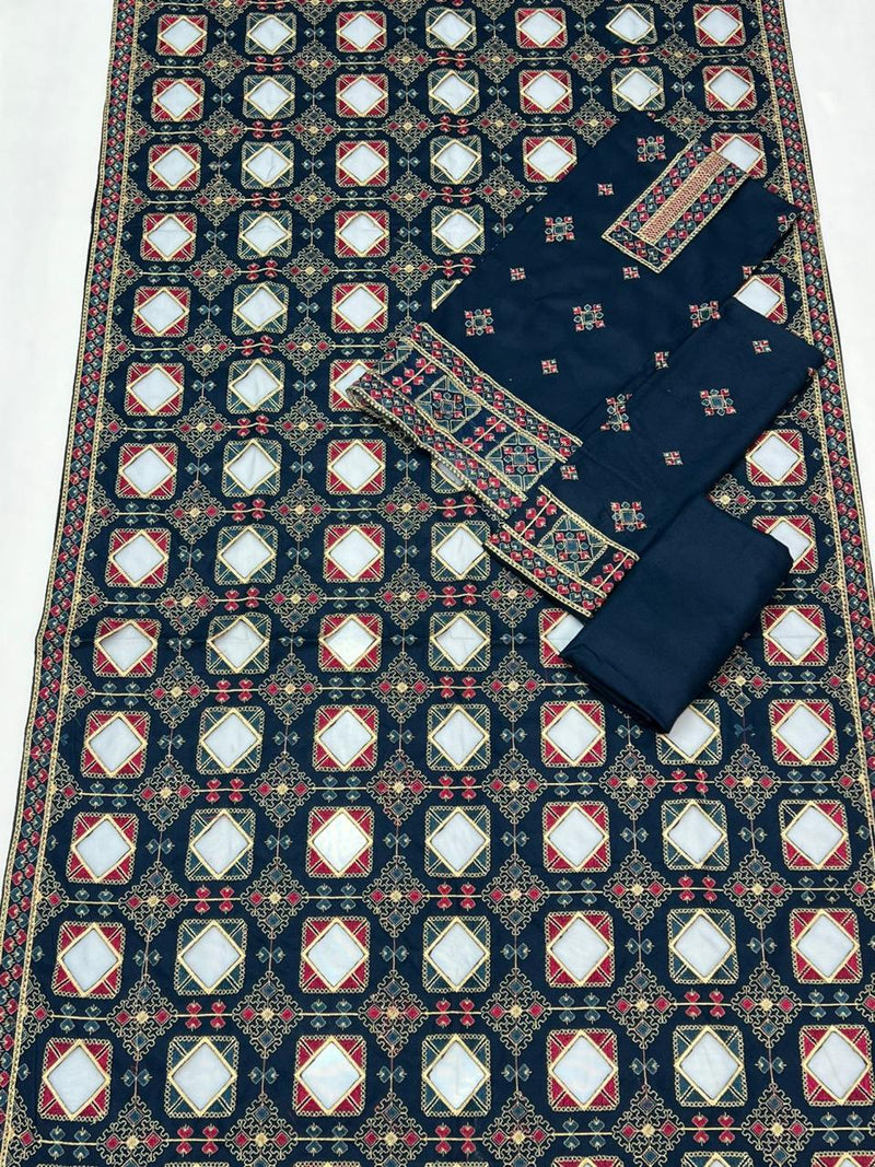 Navy Dhanak Suit with Fancy Geometric Shawl