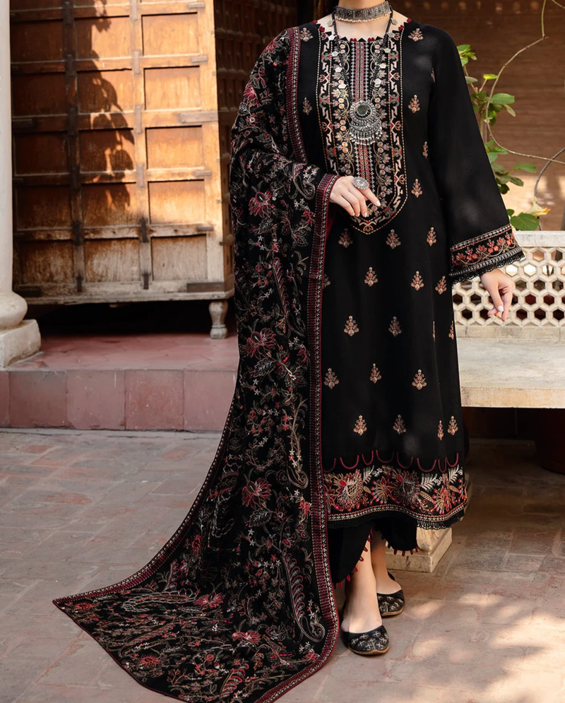 Black Embroidered Dhanak 3-Piece Suit