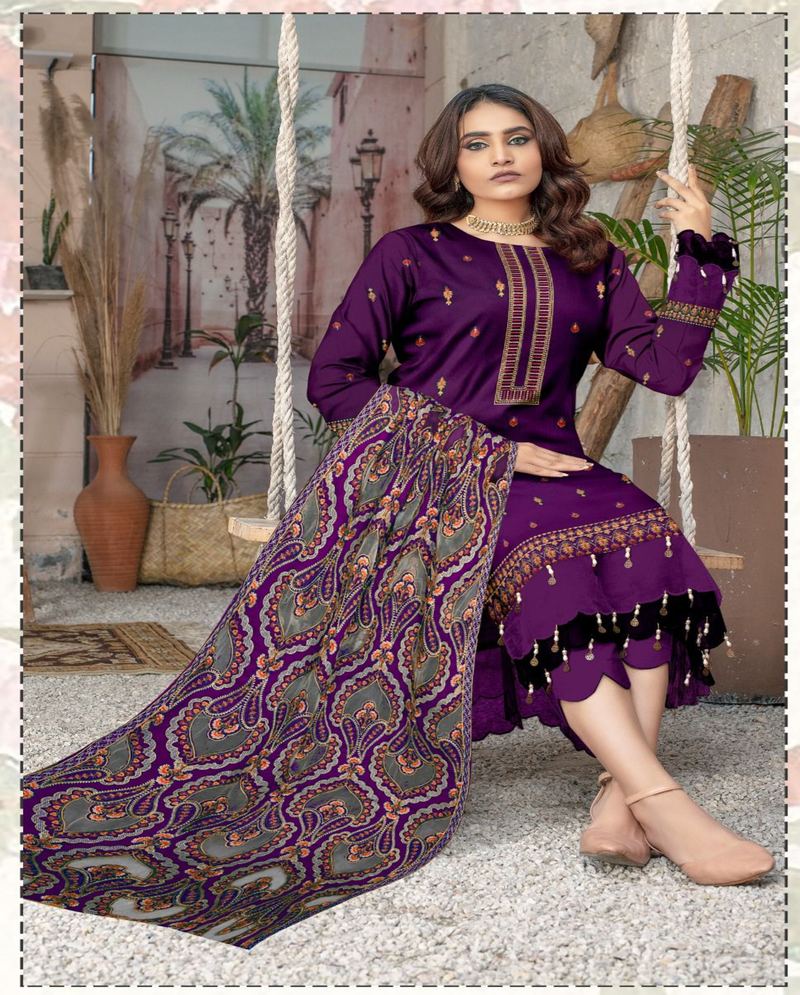 Purple Embroidered Dhanak 3-Piece Suit