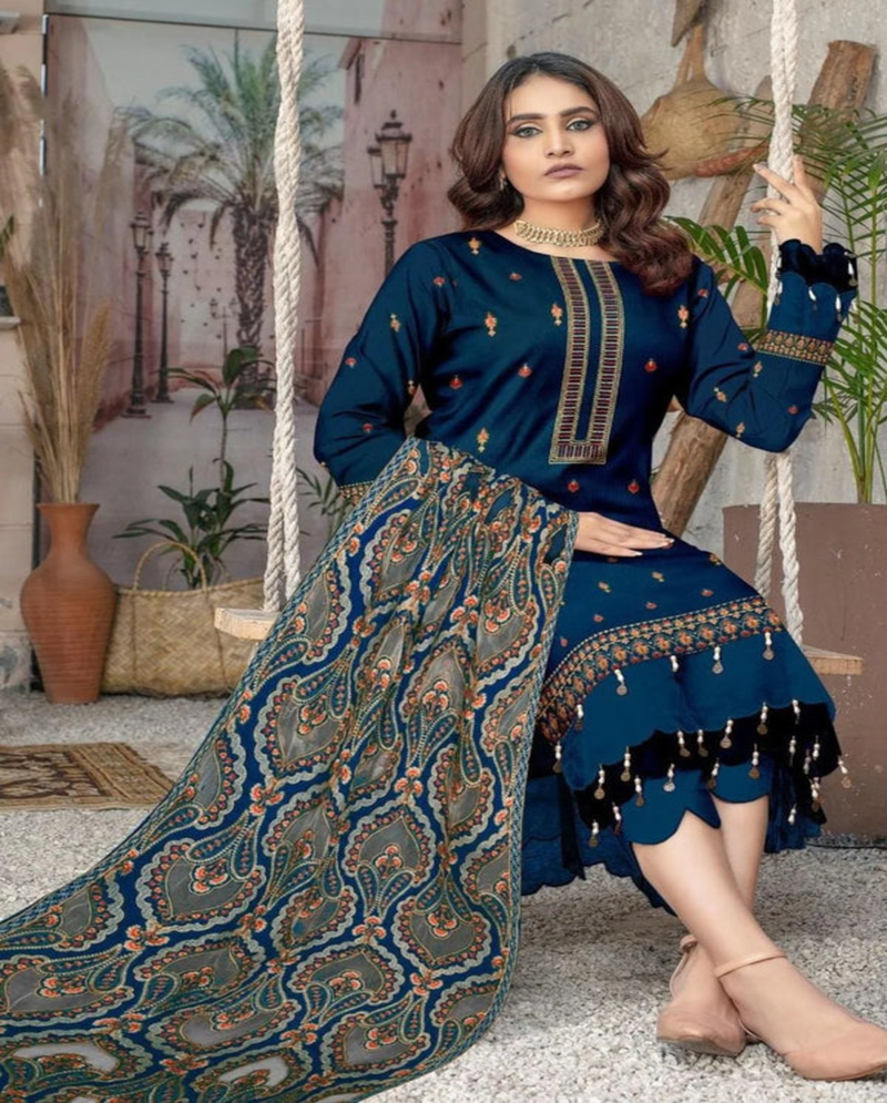 Teal Embroidered Dhanak 3-Piece Suit