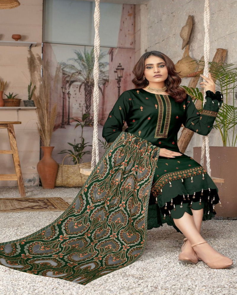Emerald Embroidered Dhanak 3-Piece Suit