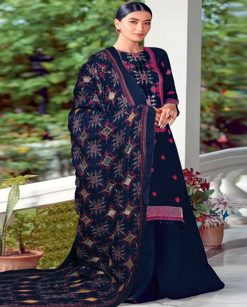 Navy Embroidered Dhanak 3-Piece Suit with Printed Shawl