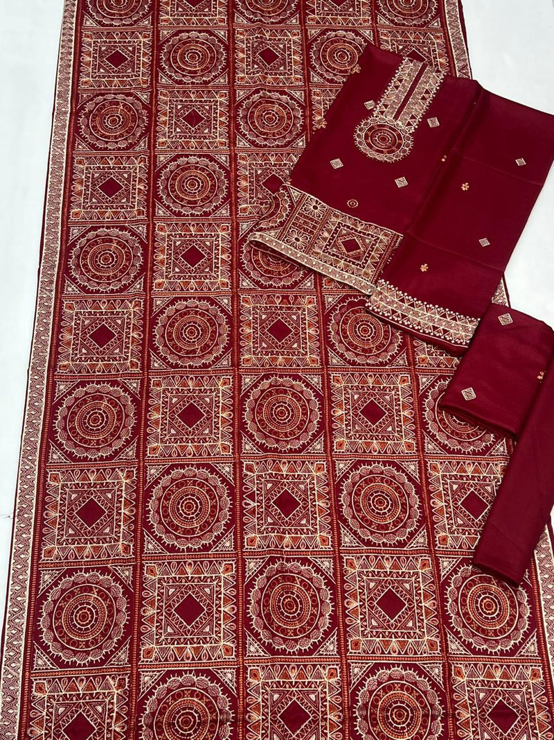 Luxury Embroidered Maroon Dhanak Winter Suit