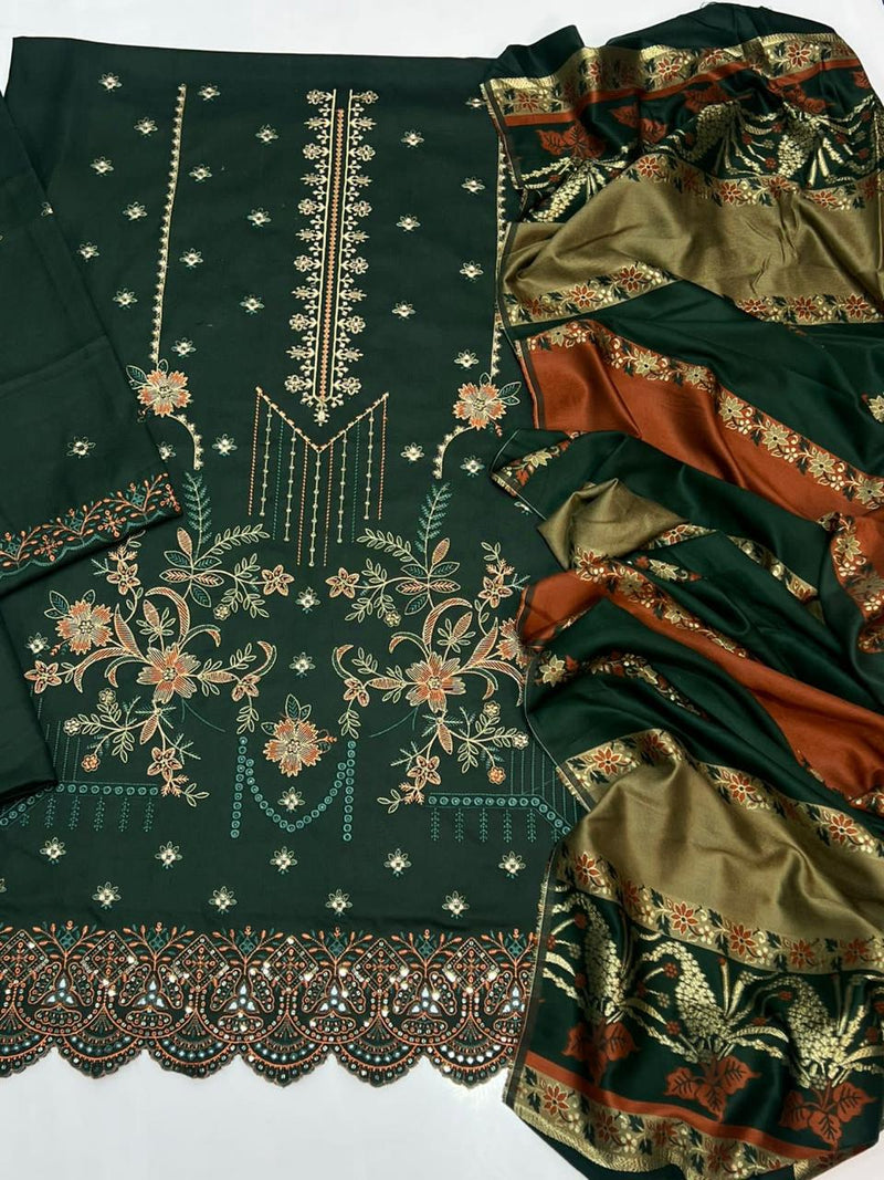 Luxury Embroidered Green Dhanak Winter Suit