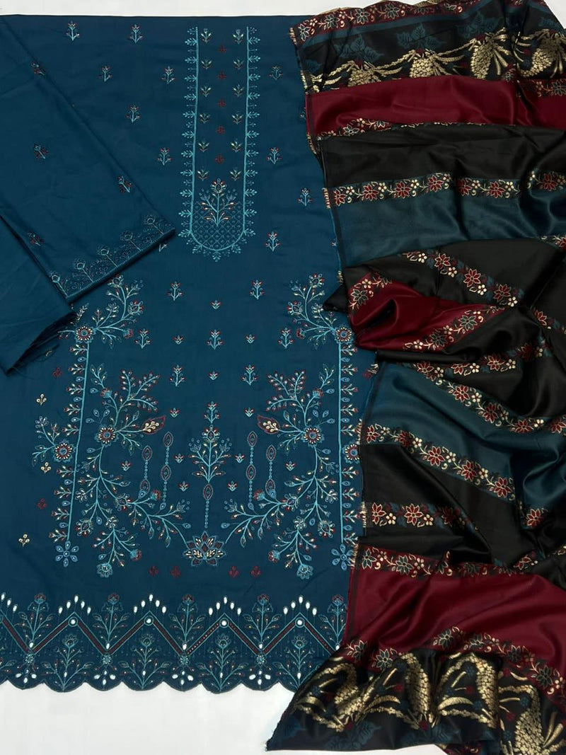 Luxury Embroidered Teal Dhanak Winter Suit
