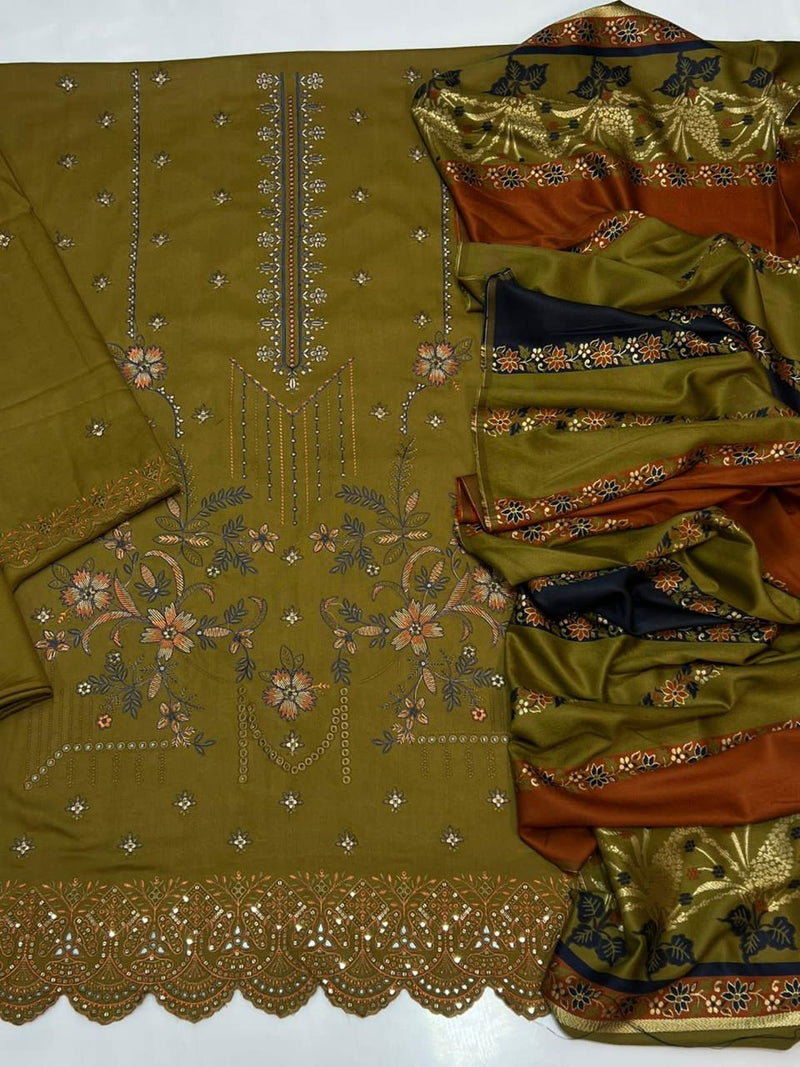 Luxury Embroidered Olive Dhanak Winter Suit