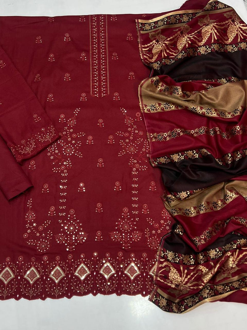 Luxury Embroidered Maroon Dhanak Winter Suit