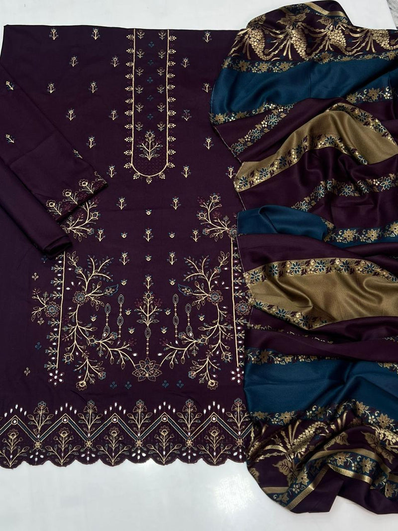 Luxury Embroidered Dhanak Winter Suit – Plum & Multi