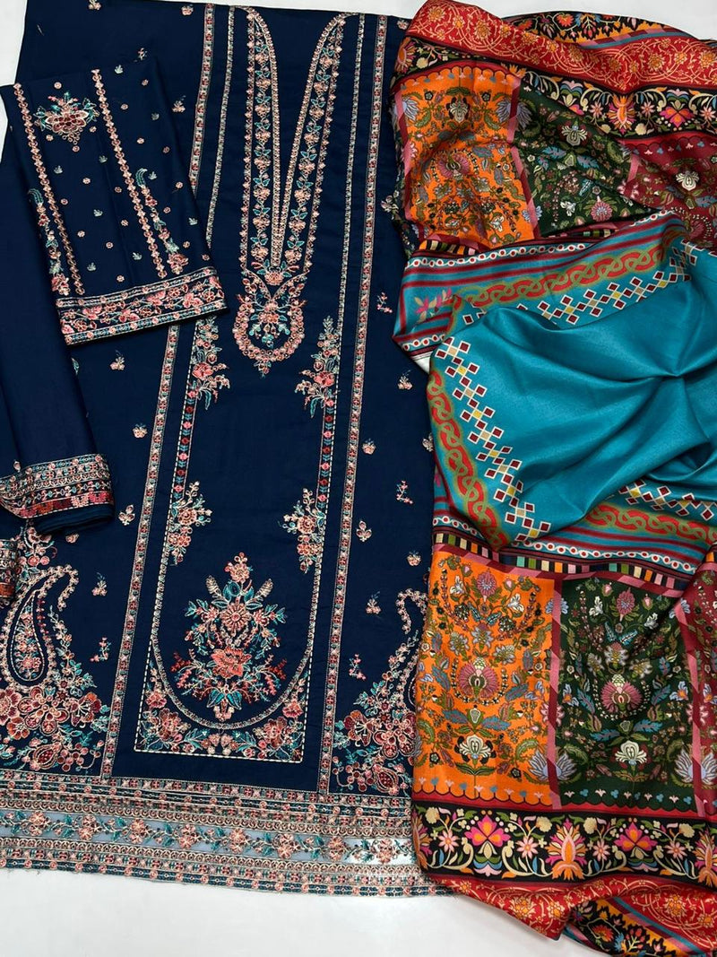 Luxury Embroidered Navy Dhanak Winter Suit