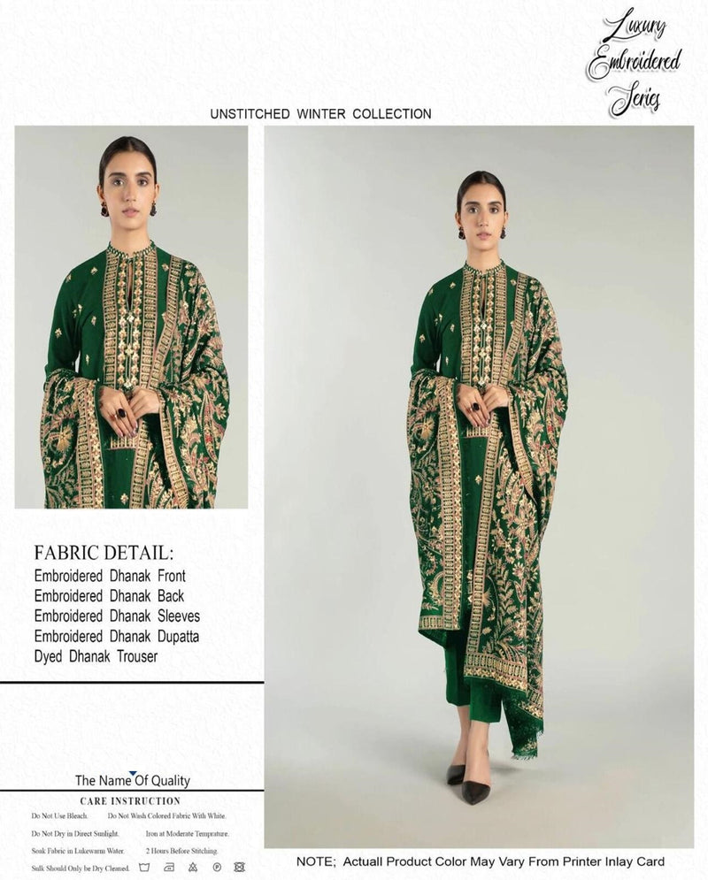 Luxury Embroidered Dhanak Winter Suit – Emerald Green