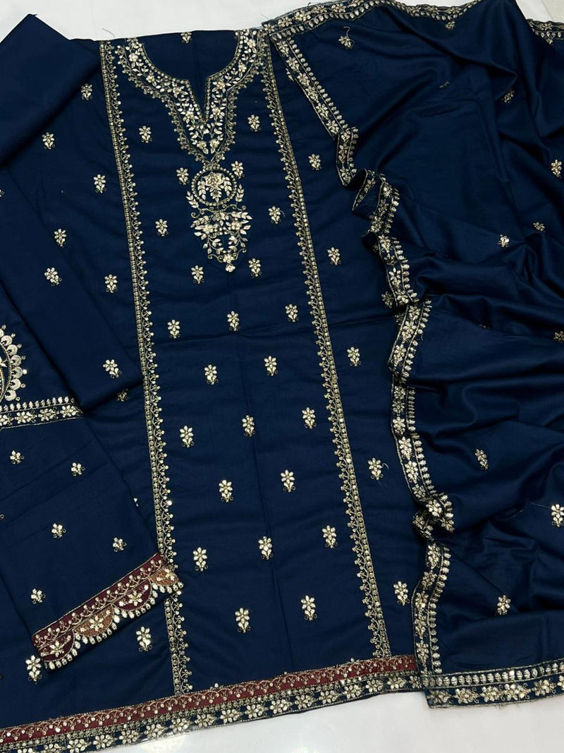 Dhanak Embroidered Navy Blue 3-Piece Suit