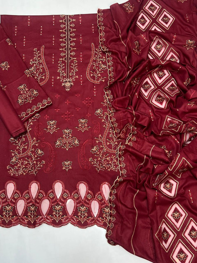 Luxury Embroidered Maroon Dhanak Winter Suit