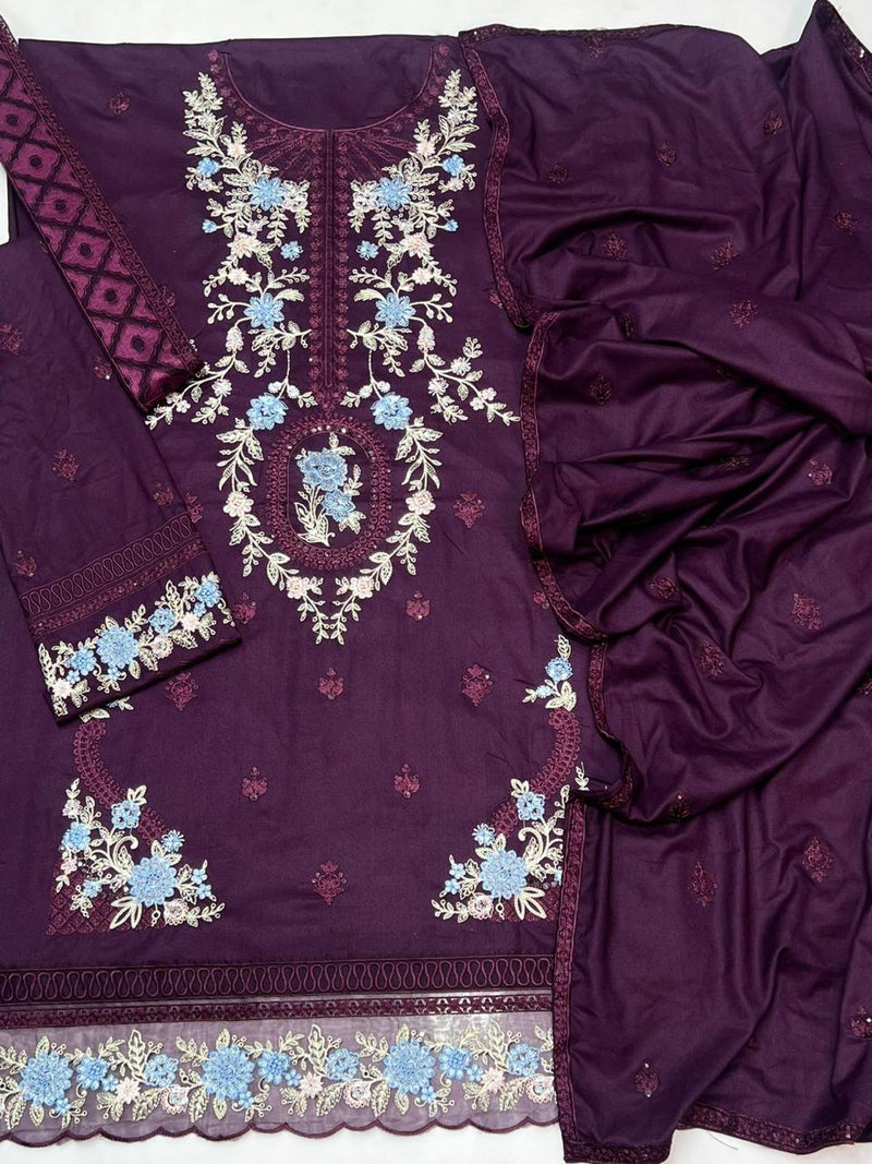 Embroidered Purple Dhanak 3-Piece Winter Suit