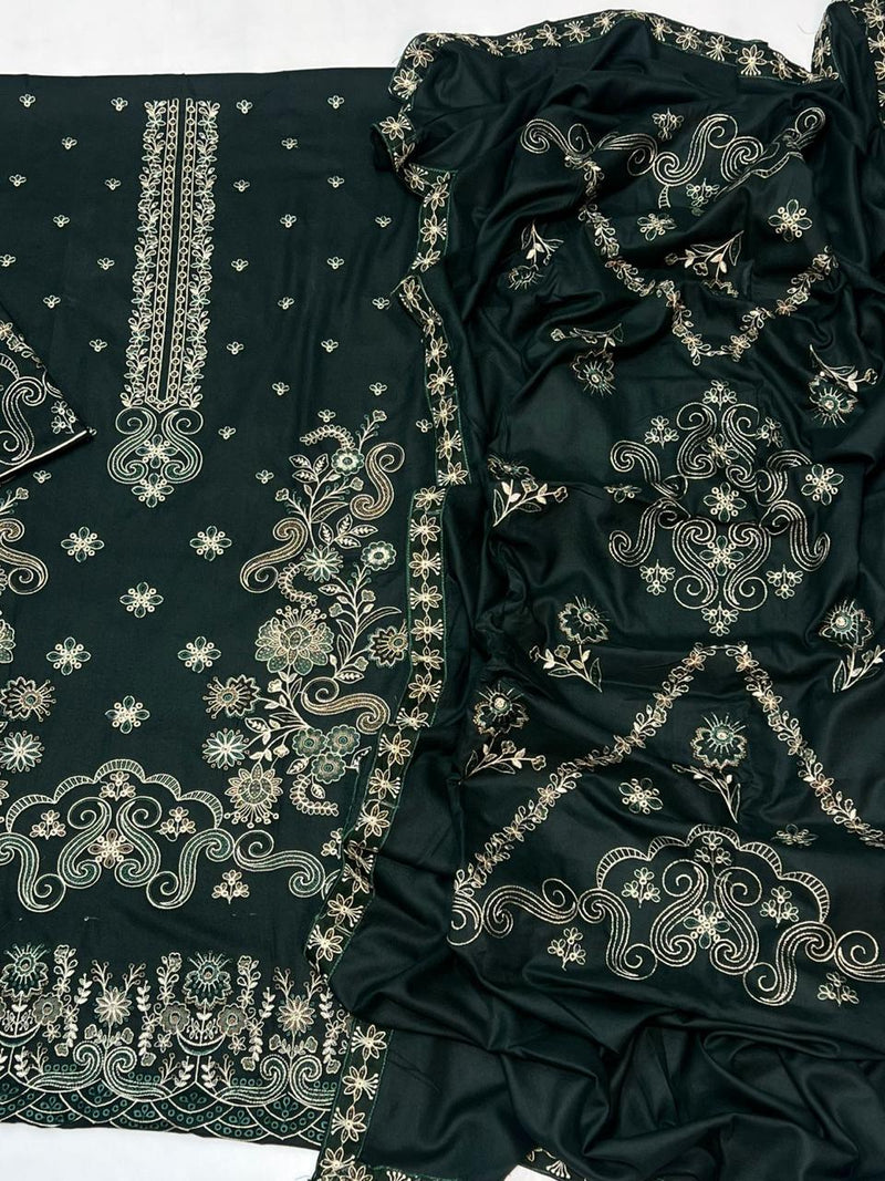 Luxury Embroidered Dark Green Dhanak Winter Suit