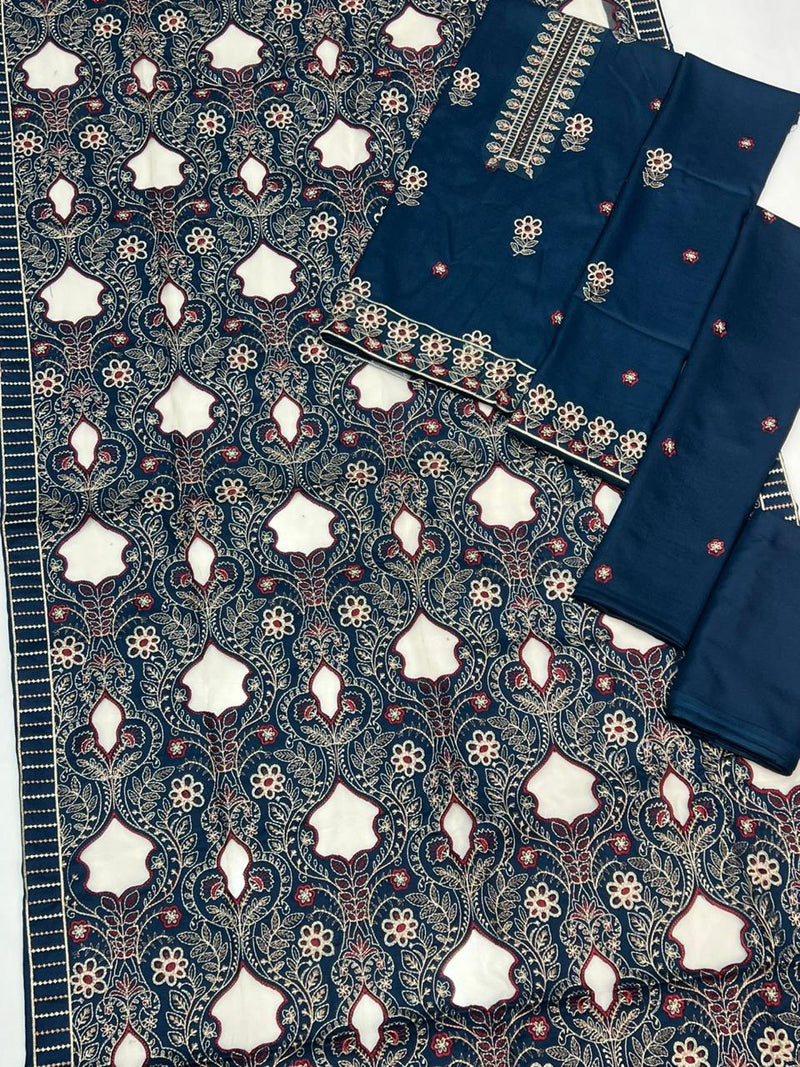 Embroidered Zinc Dhanak Suit with Printed Shawl