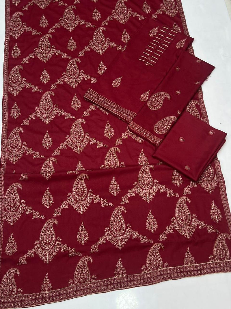 Luxury Embroidered Maroon Dhanak Suit with Shawl