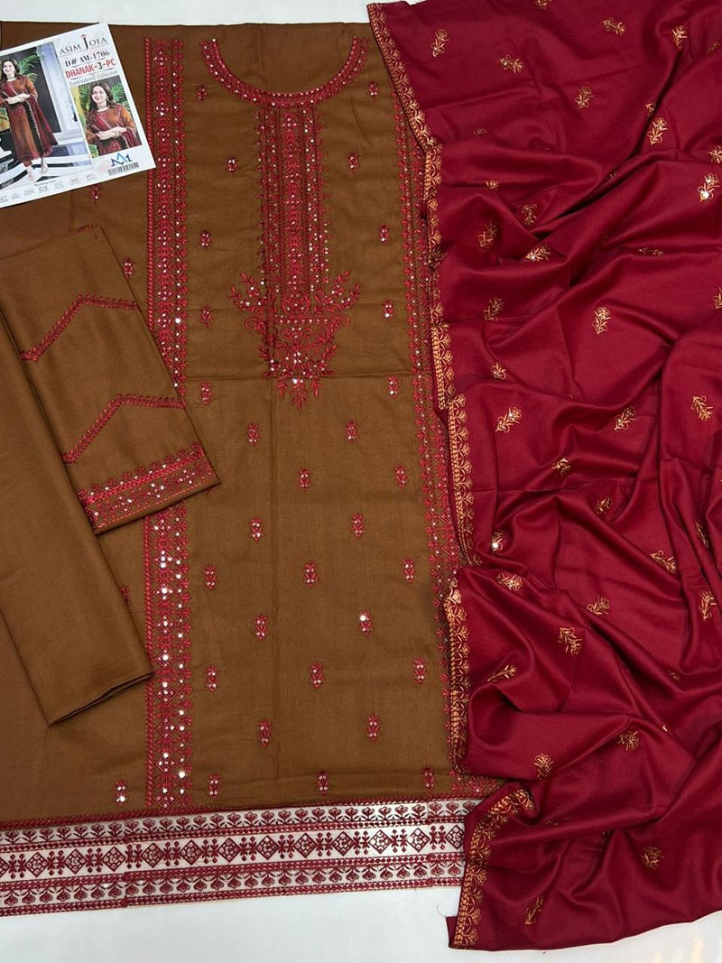 Embroidered Dhanak 3-Piece Suit