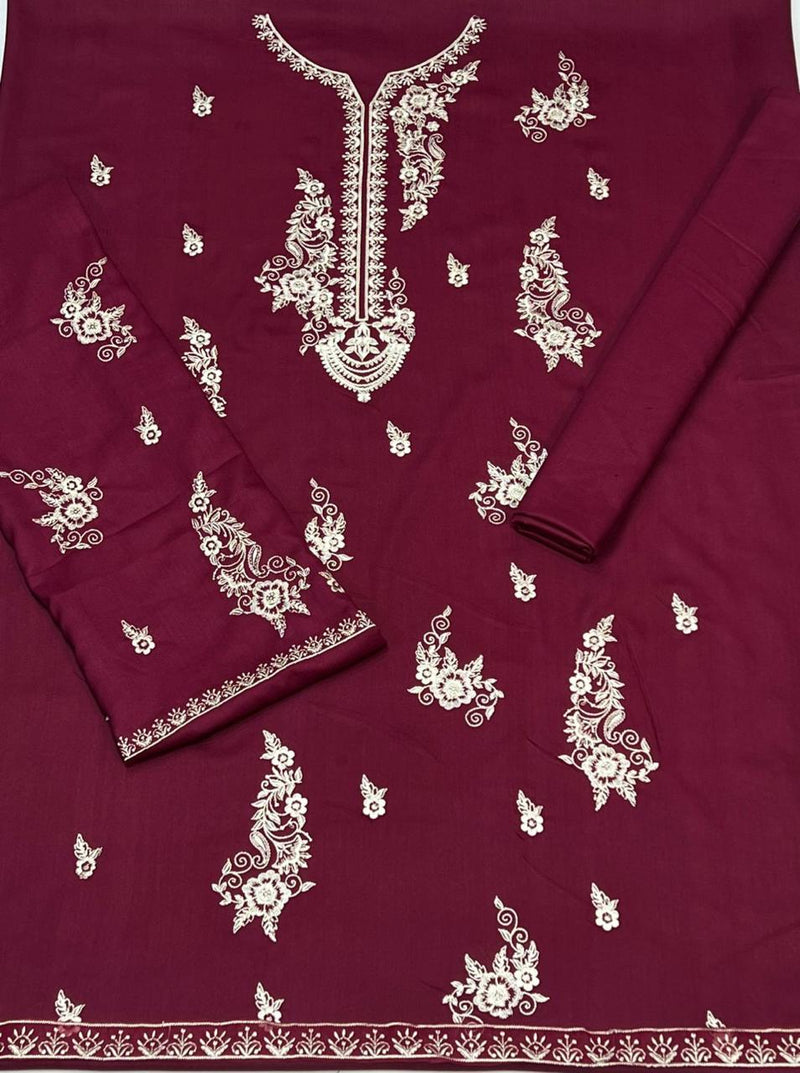 Embroidered Wine Unstitched Suit