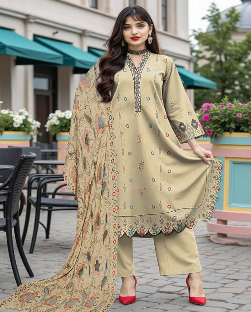 Luxury Embroidered Beige Dhanak Winter Suit