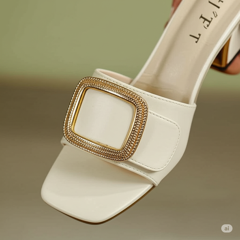 White Buckle Block Heel Slides