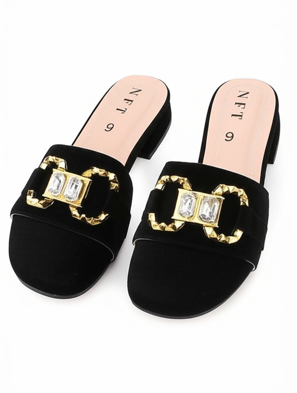 Black & Gold Embellished Mules