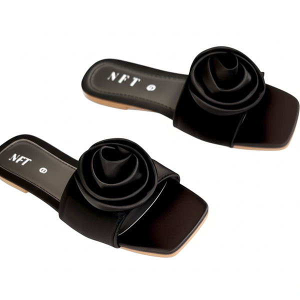 Elegant Black Floral Flat Sandals
