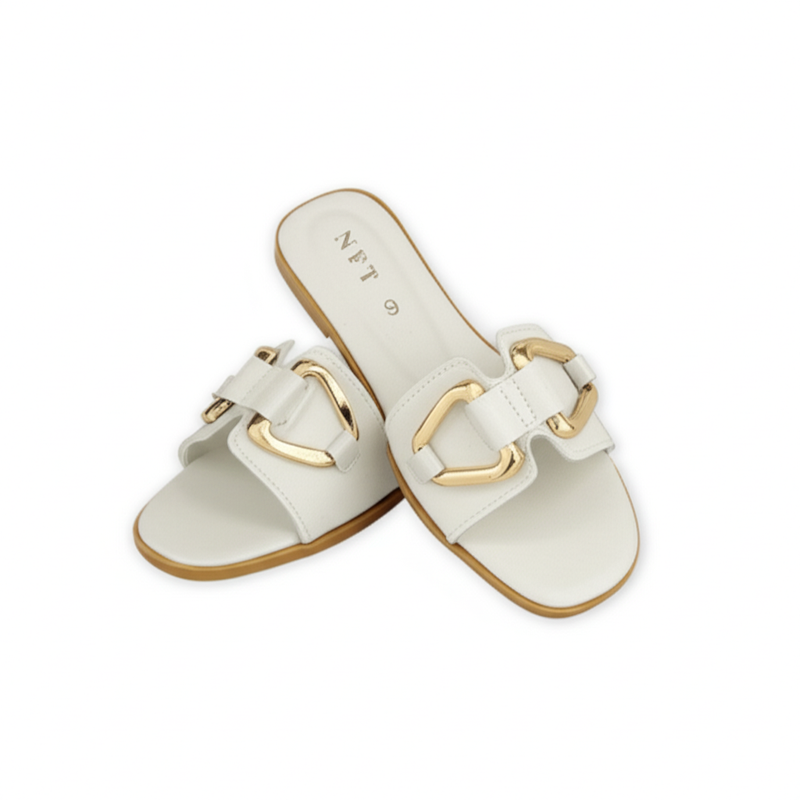 Elegant White Flat Sandals with Gold Buckle