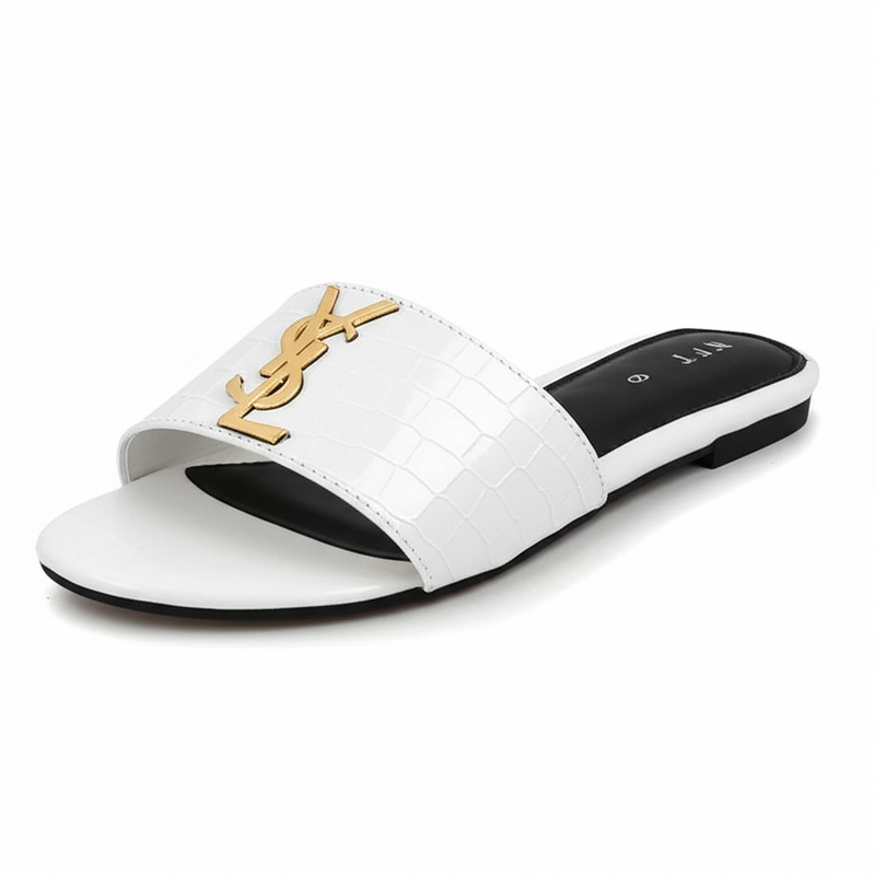 Chic White Crocodile-Textured Flat