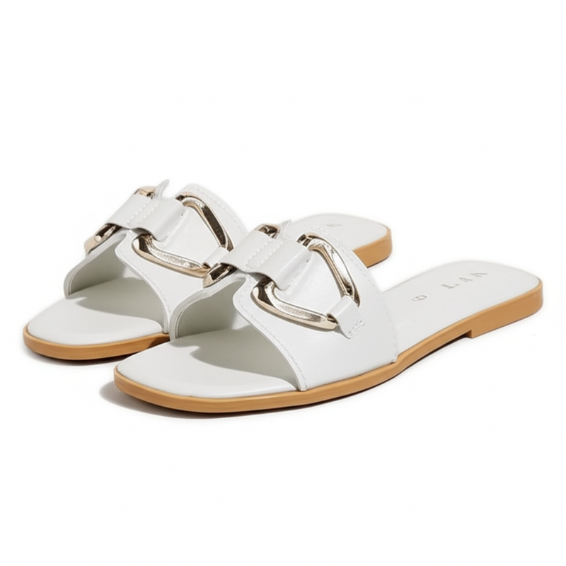 Elegant White Flat Sandals with Gold Buckle