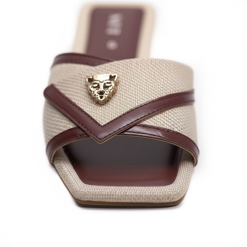Beige & Brown Cross-Strap Slides
