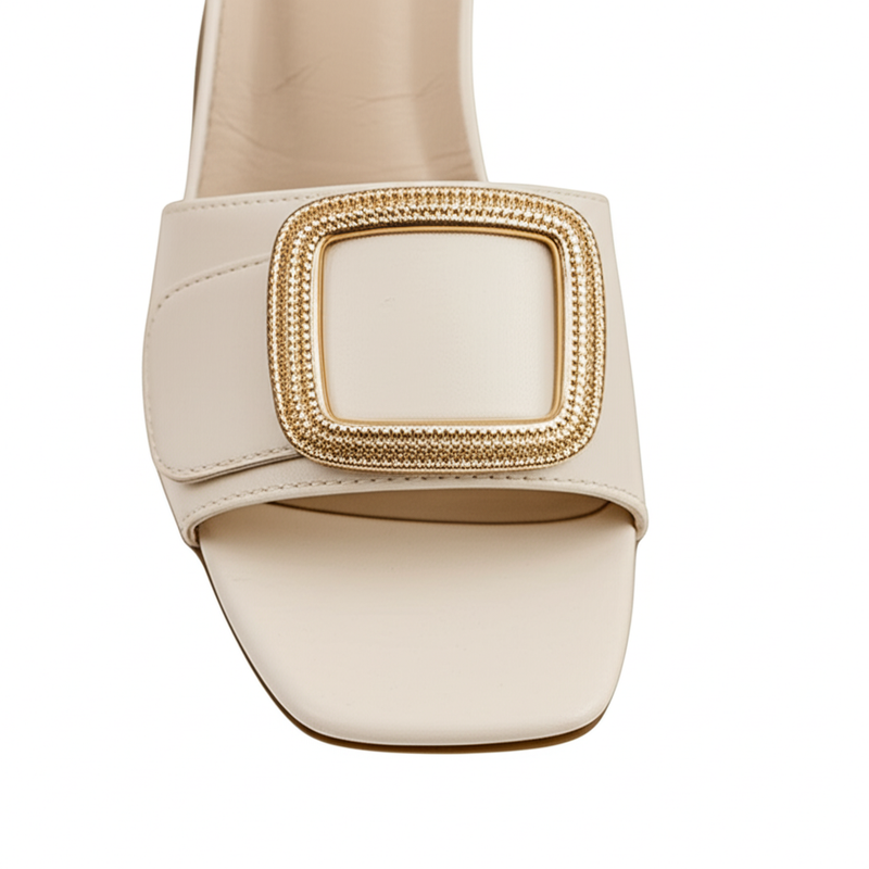 White Buckle Block Heel Slides