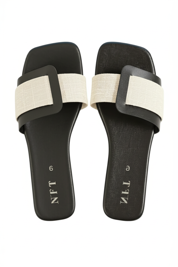 Black & Beige Buckle Slides