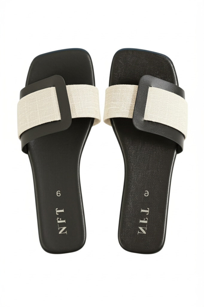 Black & Beige Buckle Slides