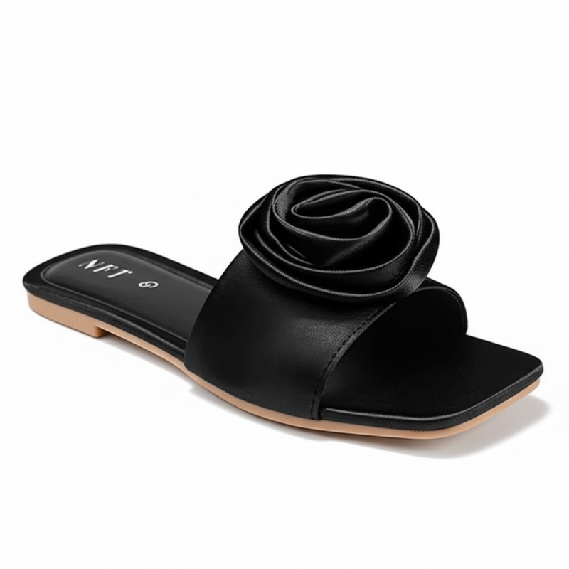Elegant Black Floral Flat Sandals